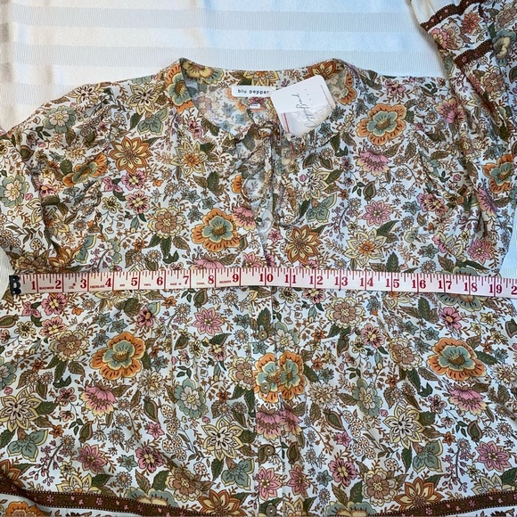 Blu Pepper Sz S Floral Bohemian Burton Blouse - Cream & Brown Balloon Sleeves - Picture 6 of 15